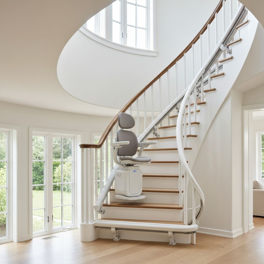 Curved stairlift installed on a winding staircase